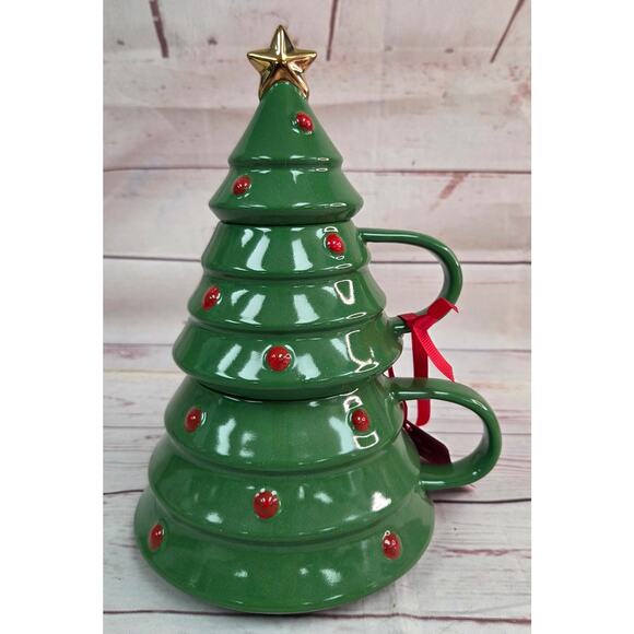 Hallmark Christmas Tree Stacking Mugs Set w Star Topper Lid Green Gold Holiday - Picture 2 of 6
